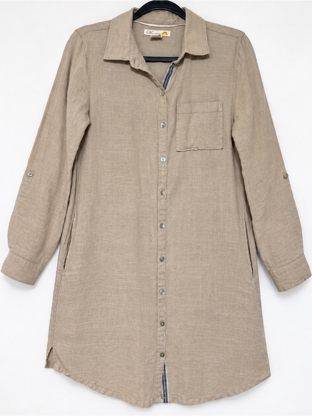 C&C California 100% Linen Shirt Dress Beige Tan Roll Tab Sleeves Small